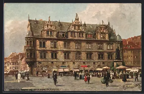 Künstler-AK Coburg, Markt mit Regierungsgebäude