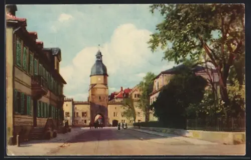 AK Coburg, Stadttor mit Turm und Strassenansicht