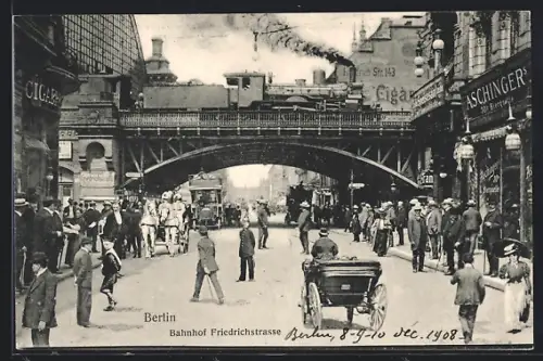AK Berlin, Bahnhof Friedrichstrasse, Strassenszene mit Pferdekutsche und Passanten