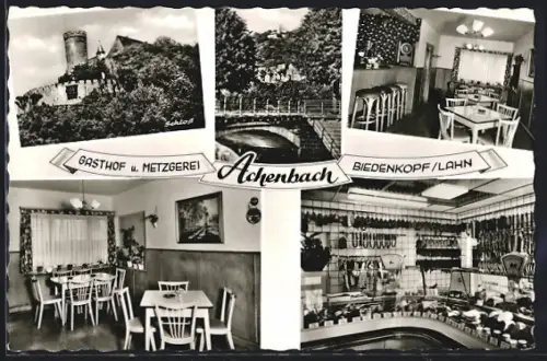 AK Biedenkopf /Lahn, Gasthof und Metzgerei Achenbach, Innenansichten, Burg, Brücke
