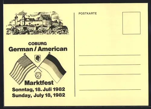 Künstler-AK Coburg, German / American Marktfest 1982, Veste Coburg, deutsche und amerikanische Flaggen