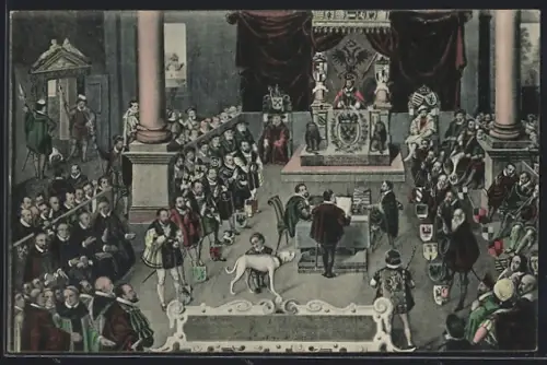 Künstler-AK Veste Coburg, Überreichung der Augsburger Confession, Gemälde von Christian Bayern