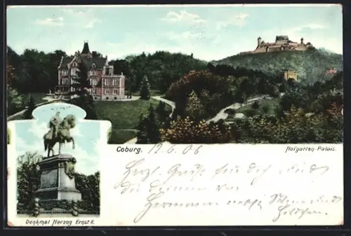 AK Coburg, Hofgarten-Palais, Veste Coburg, Denkmal Herzog Ernst II.