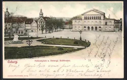 Lithographie Coburg, Schlossplatz, Herzogliches Hoftheater