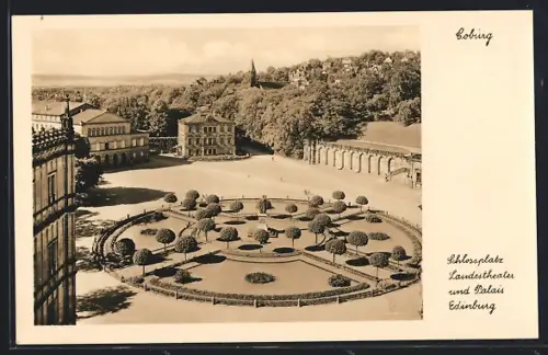 AK Coburg, Schlossplatz, Landestheater und Palais Edinburg aus der Vogelschau