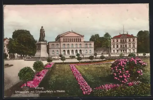 AK Coburg, Schlossplatz mit Edinburgh-Palais und Theater