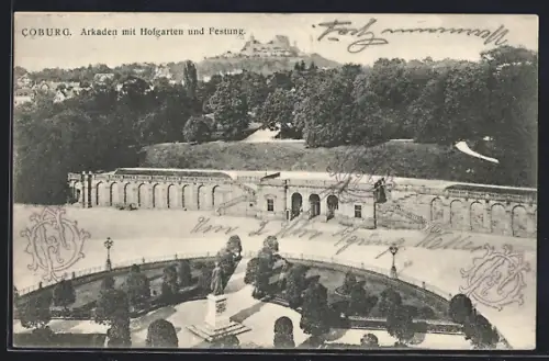 AK Coburg, Arkaden mit Hofgarten und Festung
