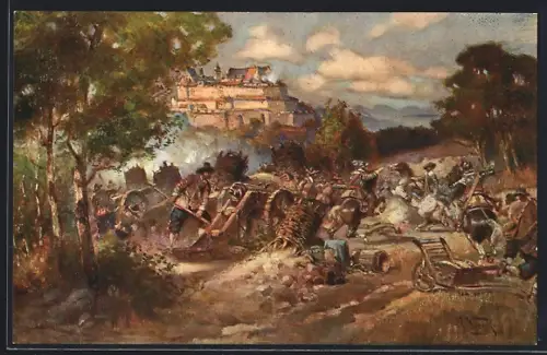 Künstler-AK Coburg, Belagerung der Feste Coburg durch Wallenstein 1632, Festungsbaufond