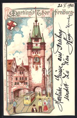 Lithographie Freiburg / Breisgau, Martins-Tor mit Strassenbahn