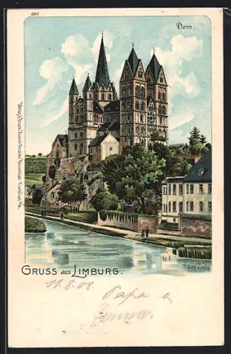 Lithographie Limburg / Lahn, Uferpartie mit Dom