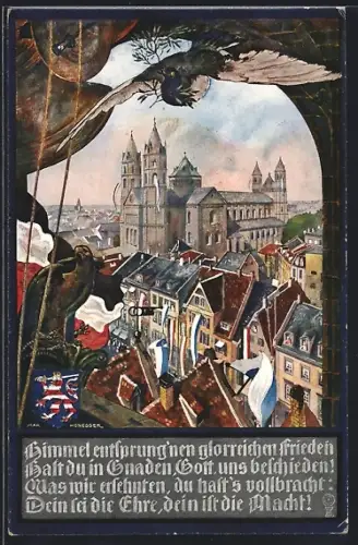 Künstler-AK sign. Max Honegger: Worms, Blick zur Kirche mit Vogel