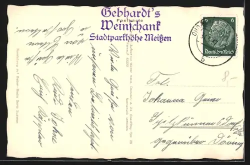 Foto-AK Walter Hahn, Dresden, Nr. 9720: Meissen / Elbe, Gasthaus Weinschank Stadtparkhöhe v. Gebhardt