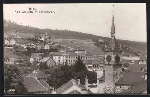 AK Biel, Rosiusturm mit Rebberg aus der Vogelschau