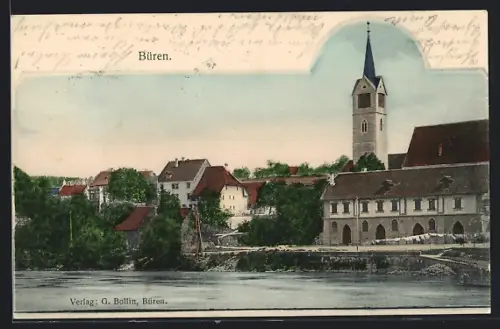 AK Büren an der Aare, Ortspanorama mit Kirchturm vom Wasser aus