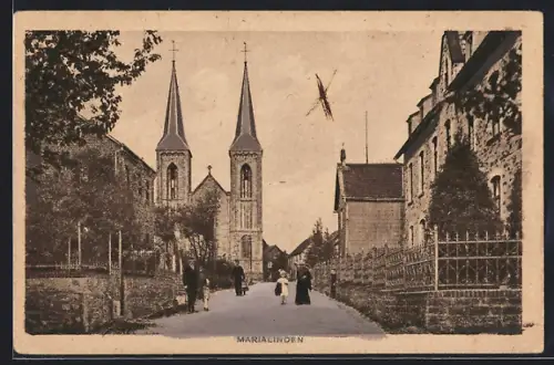 AK Marialinden / Köln, Strassenpartie mit Kirche