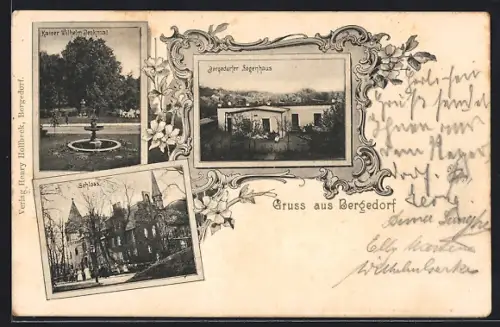 AK Hamburg-Bergedorf, Bergedorfer Logenhaus, Schloss, Kaiser Wilhelm-Denkmal