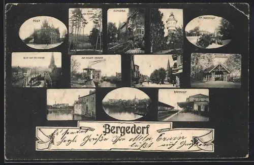 AK Hamburg-Bergedorf, Mikroskop-Bilder, Post, Schloss, Bahnhof