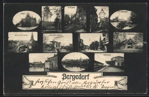 Mikroskop-AK Hamburg-Bergedorf, Post, Schloss, Bahnhof
