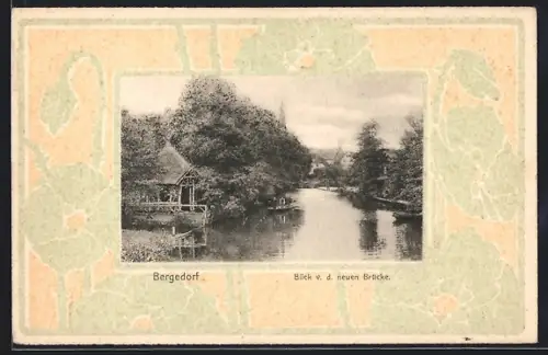Lithographie Hamburg-Bergedorf, Blick von der neuen Brücke, Passepartout
