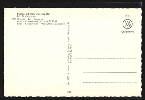 AK Hamburg-Bergedorf, Restaurant Holsteinischer Hof, Alte Holstenstrasse 50, Innenansichten