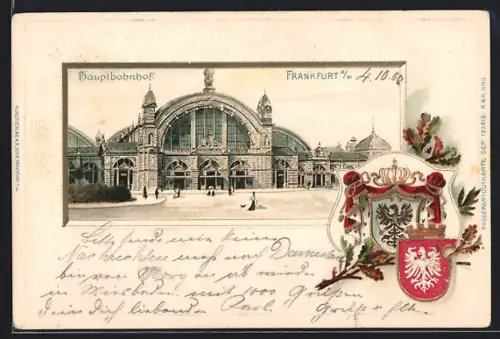 Passepartout-Lithographie Frankfurt / Main, Hauptbahnhof und Wappen