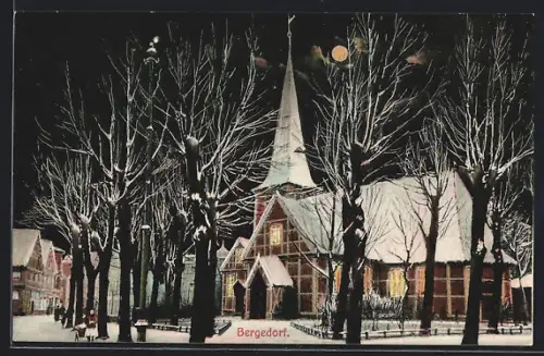 AK Hamburg-Bergedorf, Kirche im Schnee bei Mondschein
