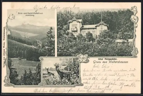 AK Waltershausen / Thür., Hotel Phillipshöhe, Blick vom Baldrichstein a. d. Inselsberg