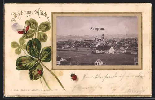 Passepartout-Lithographie Kempten / Bayern, Teilansicht mit Kirche, Kleeblätter und Marienkäfer