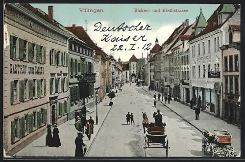 AK Villingen / Baden, Bicken- und Riethstrasse mit Gasthof zum Falken