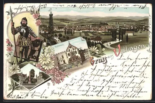 Lithographie Villingen / Baden, Rathaus, Kriegerdenkmal, Romeius