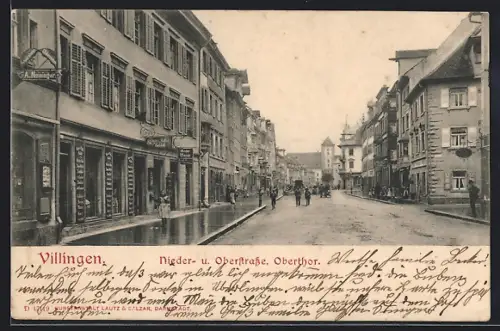 AK Villingen / Baden, Nieder- und Oberstrasse am Obertor mit Geschäften