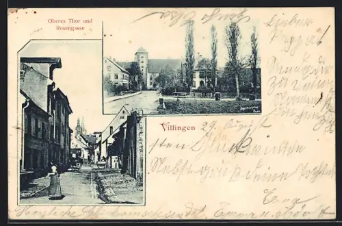 AK Villingen / Baden, Oberes Tor und Strasse Rosengasse