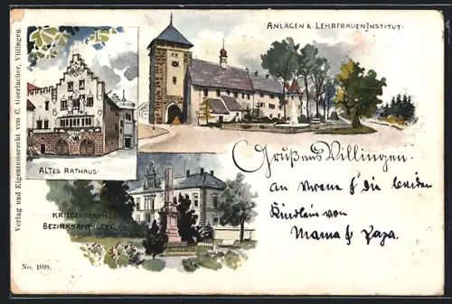 Lithographie Villingen / Baden, Altes Rathaus, Anlagen & Lehrfraueninstitut