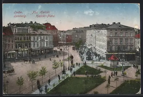 AK Lwow / Lemberg, Plac Halicki, Haliczer-Platz mit Litfasssäule