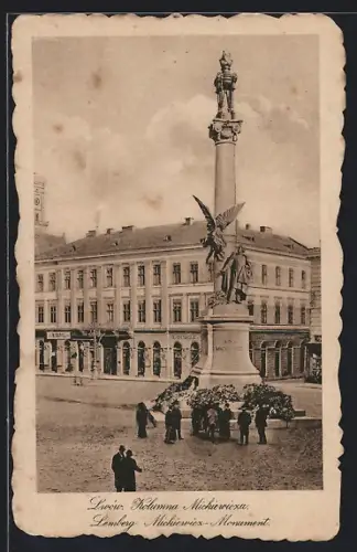 AK Lemberg, Mickiewicz-Monument mit Geschäft von M. Karol