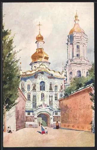 Künstler-AK Kiew, Lawrakloster mit Passanten