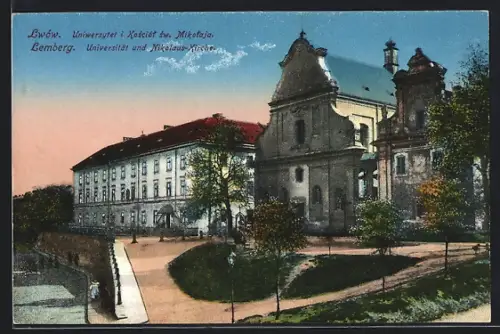 AK Lemberg, Universität und Nikolaus-Kirche im Dämmerungslicht
