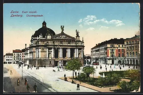 AK Lemberg-Lwow, Teatr miejski, Theatergebäude, Aussenansicht mit Strassenbahn