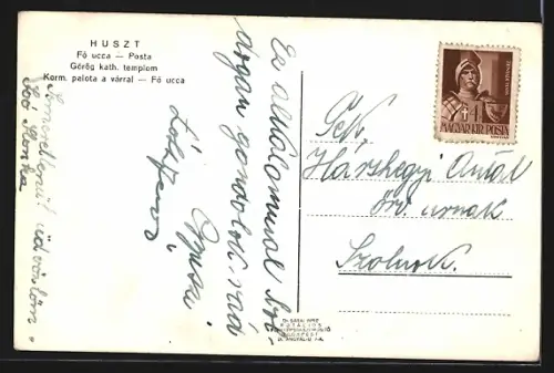 AK Huszt, Fa ucca, Posta, Görög kath. templom