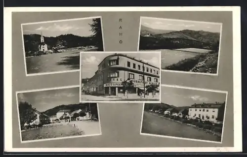 AK Raho, Hotel Budapest, Strassenpartie, Kirche, Flusspartie