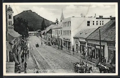 AK Chust, Masarykova ulice, Pferdegespann