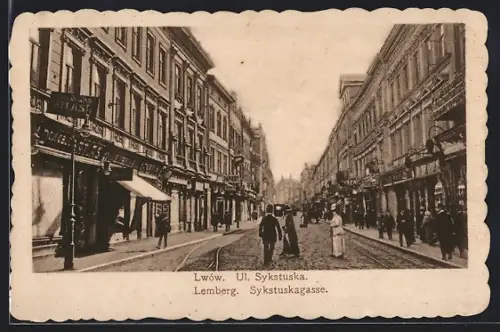AK Lemberg, Sykstuskagasse mit Passanten und Geschäften