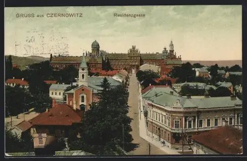 AK Czernowitz, Residenzgasse mit Gebäuden aus der Vogelschau