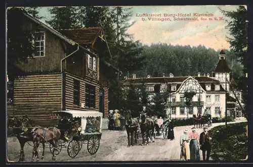 AK Kirnach /Villingen, Burg-Hotel, Pferdewagen, Gäste vor dem Hotel