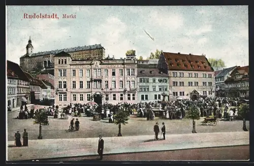 AK Rudolstadt, Markt mit Brunnen, Marktbetrieb