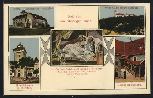 Lithographie Wachsenburg, Veste Wachsenburg West- u. Ostseite, Hohenlohturm u. Thörnlein, Burghof