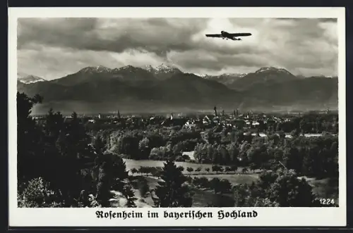 AK Rosenheim, Stadtansicht mit Alpenpanorama und Flugzeug