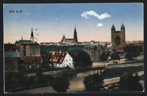 AK Ulm a. D., Stadtansicht mit Münster und Bahnbrücke