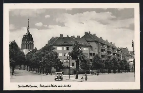 AK Berlin-Weissensee, Pistorius-Platz mit Kirche