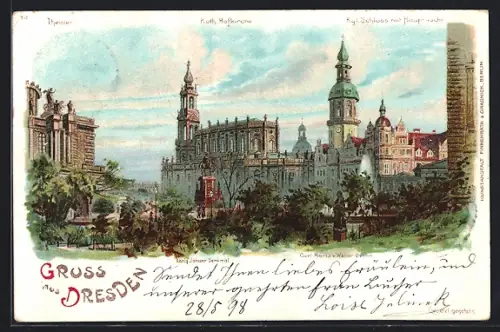 Lithographie Dresden, Hofkirche, Königliches Schloss m. Hauptwache, Denkmäler